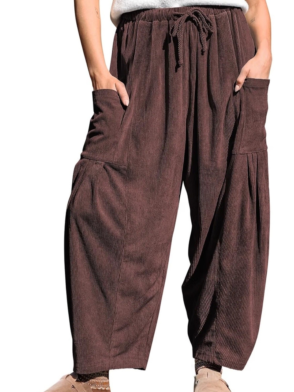 Drawstring Barrel-Leg Corduroy Pants - Brown